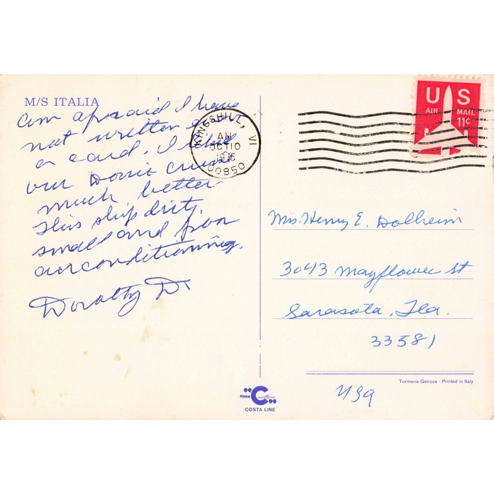 Vintage M/S Italia Costa Line Postcard 1970 Postmark US Air Mail Stamp Nautical - Picture 2 of 2